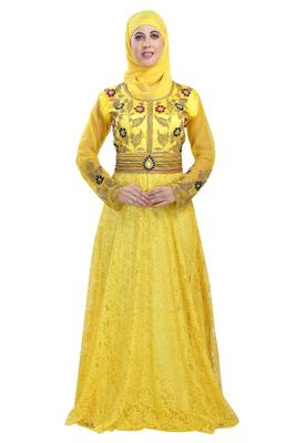 Yellow georgette embroidered zari work islamic kaftans 1