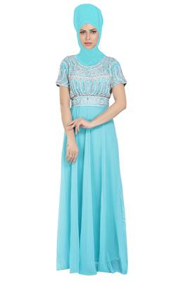 sky blue georgette embroidered zari work islamic kaftans 1