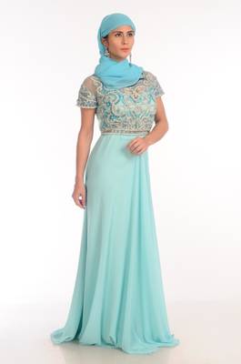 sky blue georgette embroidered zari work islamic kaftans 1