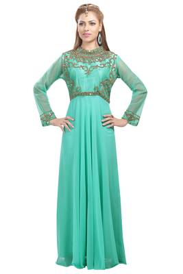 light green georgette embroidered zari work islamic kaftans 1