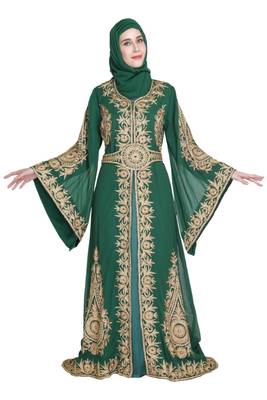 green georgette embroidered zari work islamic kaftans 1