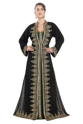 Green Georgette Zari Work Moroccan Kaftan for Women 1