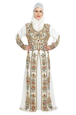 Off White georgette embroidered zari work islamic kaftans 1