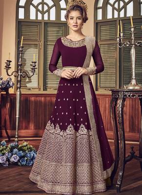 Wine Embroidered Georgette Salwar With Dupatta 1