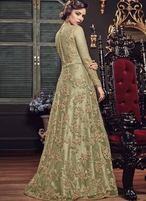 Olive Embroidered Net Salwar With Dupatta 2