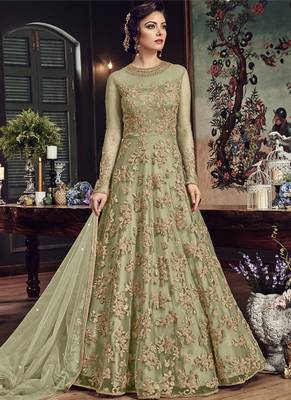Olive Embroidered Net Salwar With Dupatta 1