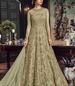 Olive Embroidered Net Salwar With Dupatta