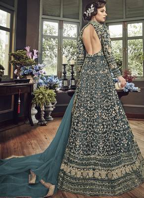 Teal Embroidered Net Anarkali With Dupatta 2