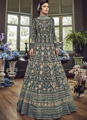 Teal Embroidered Net Anarkali With Dupatta 1