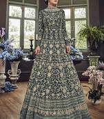 Teal Embroidered Net Anarkali With Dupatta