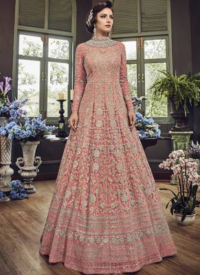Dark-Pink Embroidered Net Salwar With Dupatta 1
