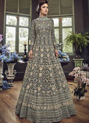 Dark-Grey Embroidered Net Salwar With Dupatta 1