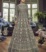 Dark-Grey Embroidered Net Salwar With Dupatta