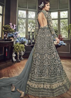 Dark-Grey Embroidered Net Salwar With Dupatta 2