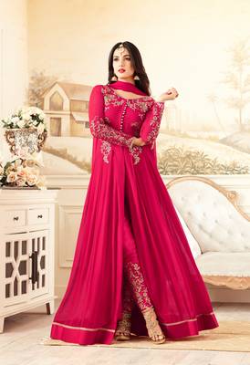 red embroidered georgette salwar with dupatta 1