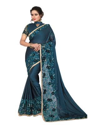 Blue embroidered satin saree with blouse 1