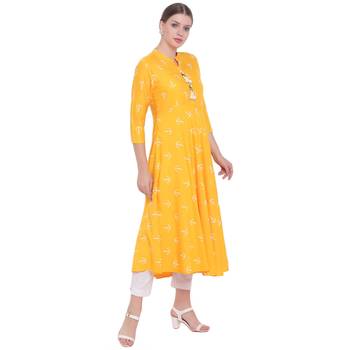 Yellow printed rayon kurtas-and-kurtis 3