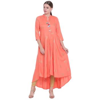 Peach printed rayon kurtas-and-kurtis 1