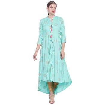 Turquoise printed rayon kurtas-and-kurtis 1