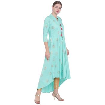 Turquoise printed rayon kurtas-and-kurtis 3