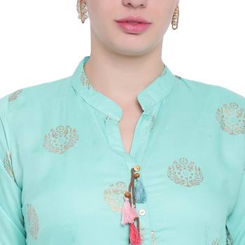 Turquoise printed rayon kurtas-and-kurtis 5