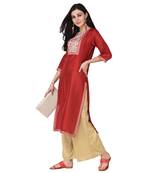 Red color Straight Digital Print Kurta Palazzo Set