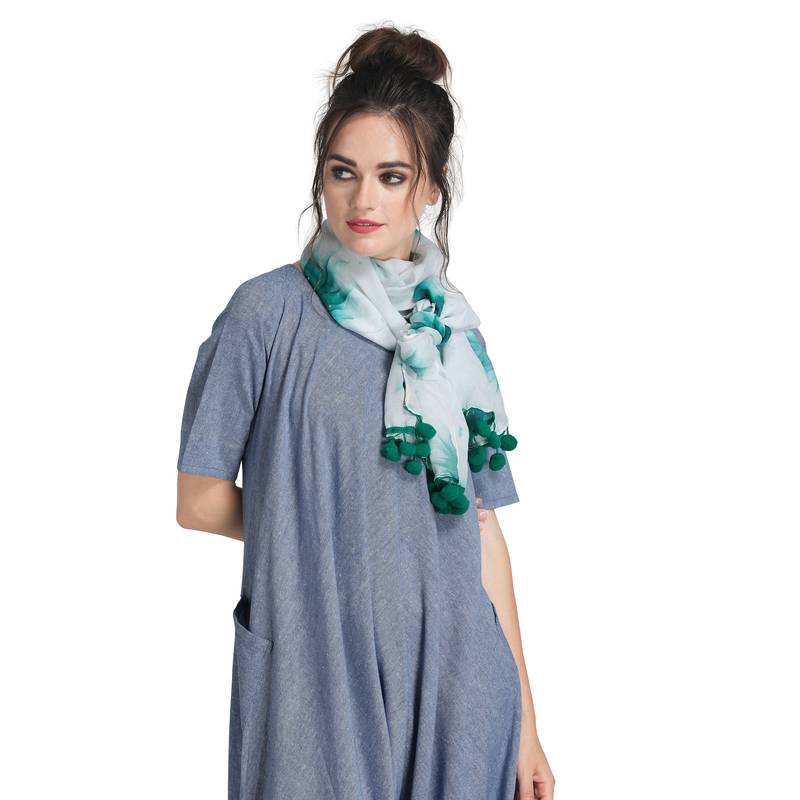 White Jute Digital Printed Woollen-Lace Scarf