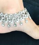 Crystal Silver Floral Design Broad Anklets Payal Pair