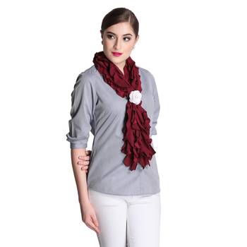 Maroon Cotton Lycra Scarf With White Flower Rubbering 1