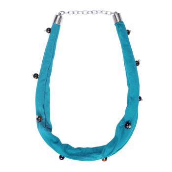 Turquoise Cotton Lycra Scarf Necklace With Black Colour Stone Beads 2