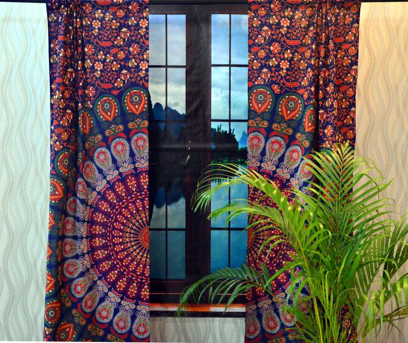 Handicraft-Palace Mandala Print Indian Hippie Door Curtains - 2-Panel Cotton Drape - 82x41 Inches Each