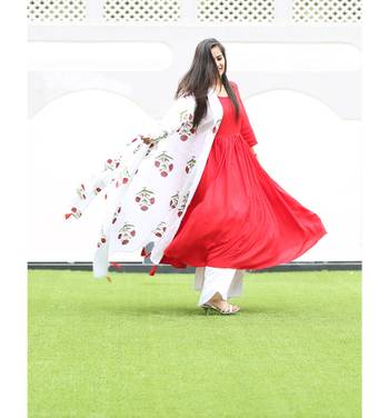 Red and white printed rayon kurtas and kurtis with palazzo 2