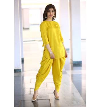 Yellow solid rayon kurtas and kurtis with dhoti 1