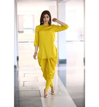 Yellow solid rayon kurtas and kurtis with dhoti 2