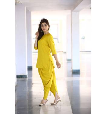 Yellow solid rayon kurtas and kurtis with dhoti 3