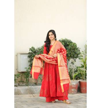 Red and white printed cotton kurtas and kurtis with palazzo 2