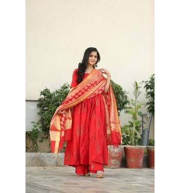 Red and white printed cotton kurtas and kurtis with palazzo 3