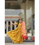 Yellow printed cotton kurtas and kurtis with palazzo