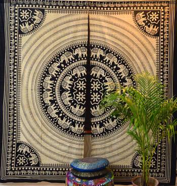 Indian round elephant mandala curtain hippie bohemian handmade include 2 panel set queen tapestry, drapes & valances 4