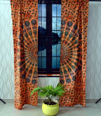 Indian orange mandala curtain hippie bohemian handmade include 2 panel set twin tapestry, drapes & valances 1