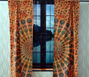 Indian orange mandala curtain hippie bohemian handmade include 2 panel set twin tapestry, drapes & valances 2
