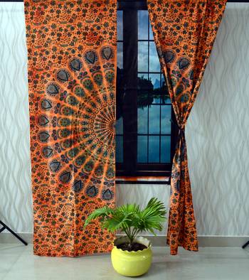 Indian orange mandala curtain hippie bohemian handmade include 2 panel set twin tapestry, drapes & valances 3
