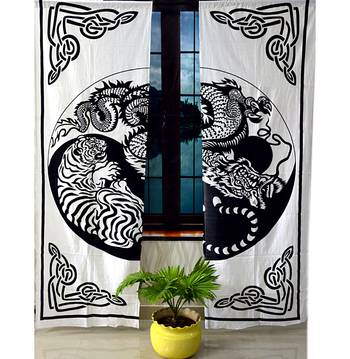 Black and white dragon and tiger mandala curtain hippie bohemian handmade include 2 panel set twin tapestry 1