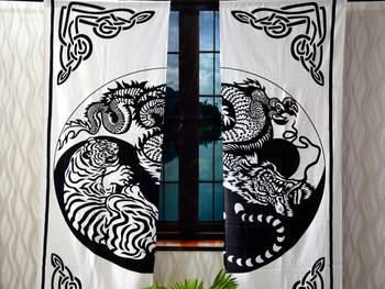 Black and white dragon and tiger mandala curtain hippie bohemian handmade include 2 panel set twin tapestry 2