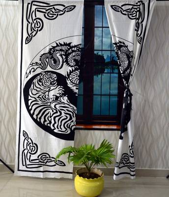 Black and white dragon and tiger mandala curtain hippie bohemian handmade include 2 panel set twin tapestry 4