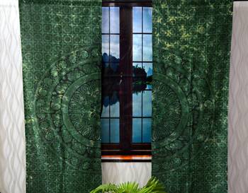 Indian mandala tie dye green curtain hippie bohemian handmade include 2 panel set twin tapestry, drapes & valances 1