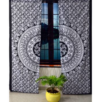 Black & white indian mandala curtain handmade curtains, 2 panel set twin gypsy hippie tapestry, window treatment curtain 1