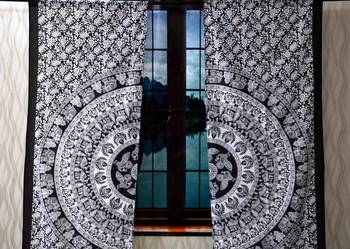 Black & white indian mandala curtain handmade curtains, 2 panel set twin gypsy hippie tapestry, window treatment curtain 2