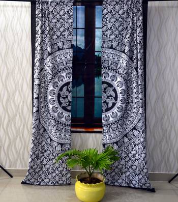 Black & white indian mandala curtain handmade curtains, 2 panel set twin gypsy hippie tapestry, window treatment curtain 3