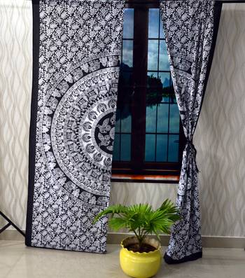 Black & white indian mandala curtain handmade curtains, 2 panel set twin gypsy hippie tapestry, window treatment curtain 4